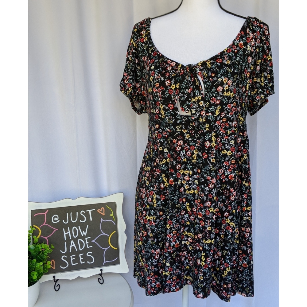 LOVE, FIRE Floral Print Keyhole Skater Dress